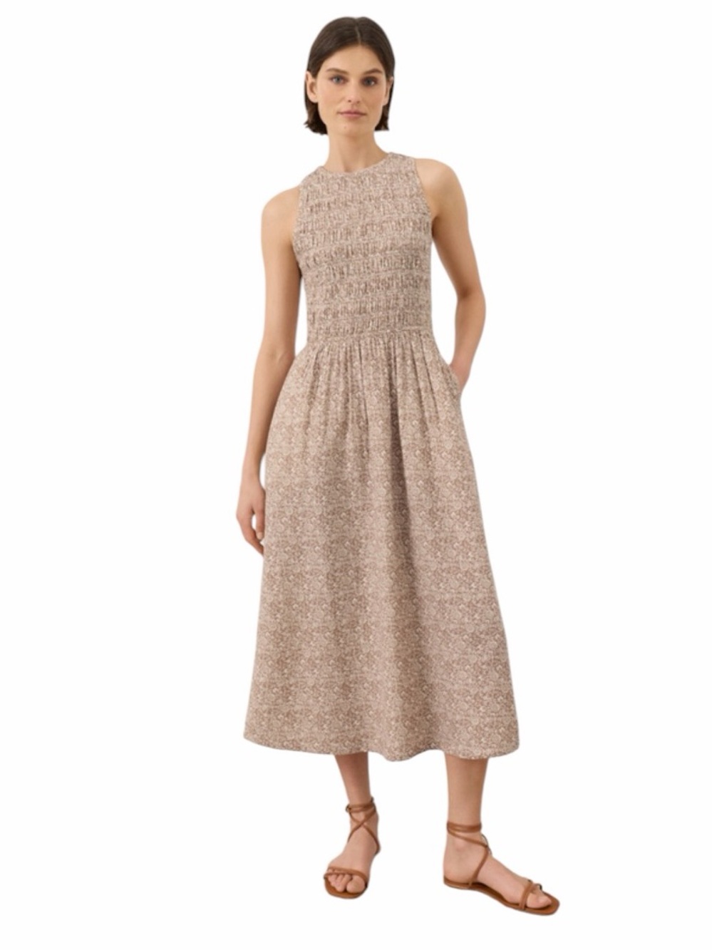 Pact - Organic Coastal Double Gauze Smocked Midi Dress Brown Floral Sz XL